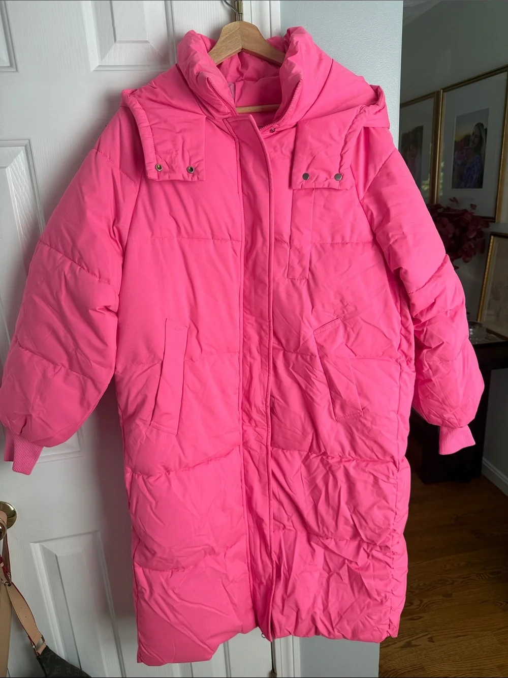 Long Pink Hooded Puffer Coat